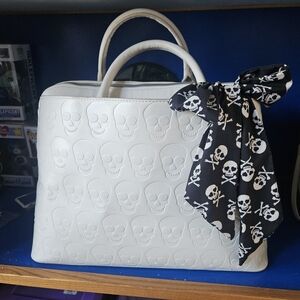 Betsey Johnson White Skull Satchel with Black Scarf